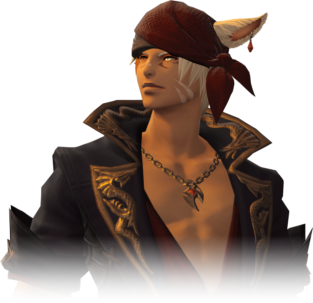 Rey Suerte, a tanned Miqo'te with one golden eye. His hair, face paint, and left eye are all the same platinum color. The shirt under his coat is an extremely deep V cut.