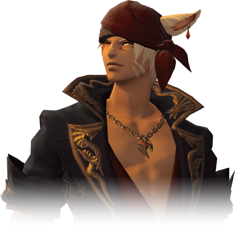 Rey Suerte, a tanned Miqo'te with one golden eye. His hair, face paint, and left eye are all the same platinum color. The shirt under his coat is an extremely deep V cut.